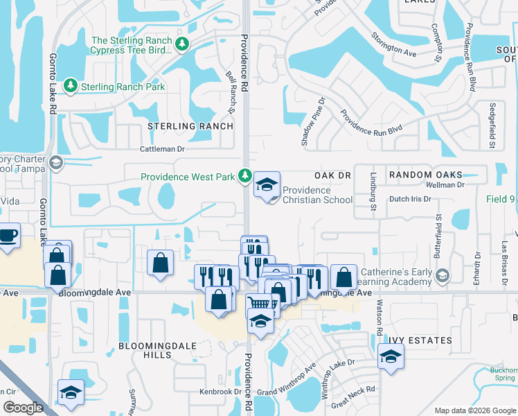 map of restaurants, bars, coffee shops, grocery stores, and more near 5416 Providence Road in Riverview