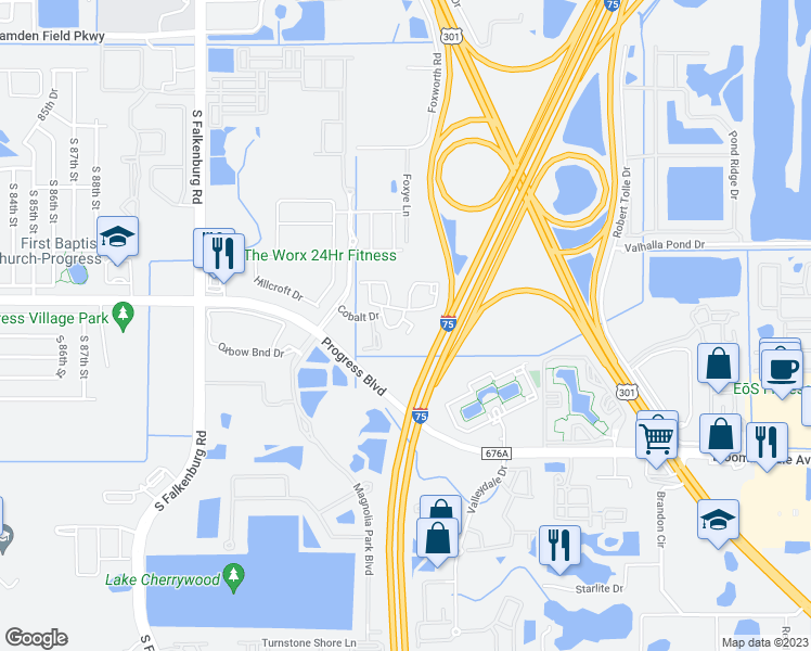 map of restaurants, bars, coffee shops, grocery stores, and more near 9411 Midnight Blue Court in Riverview