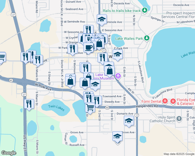 map of restaurants, bars, coffee shops, grocery stores, and more near 224 S 2nd St in Lake Wales