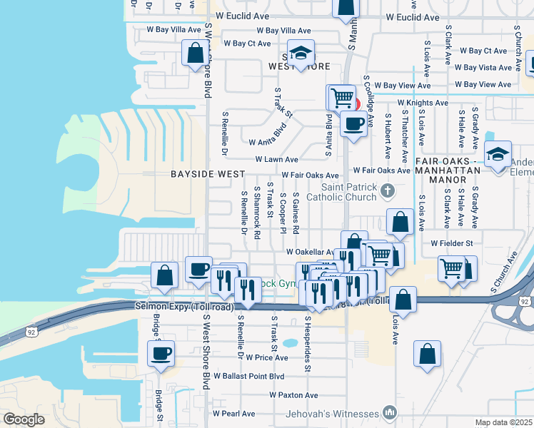 map of restaurants, bars, coffee shops, grocery stores, and more near 4519 South Cooper Place in Tampa