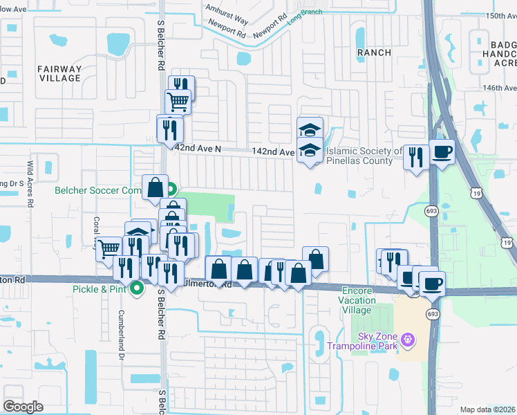 map of restaurants, bars, coffee shops, grocery stores, and more near El Centro Blvd W in Largo
