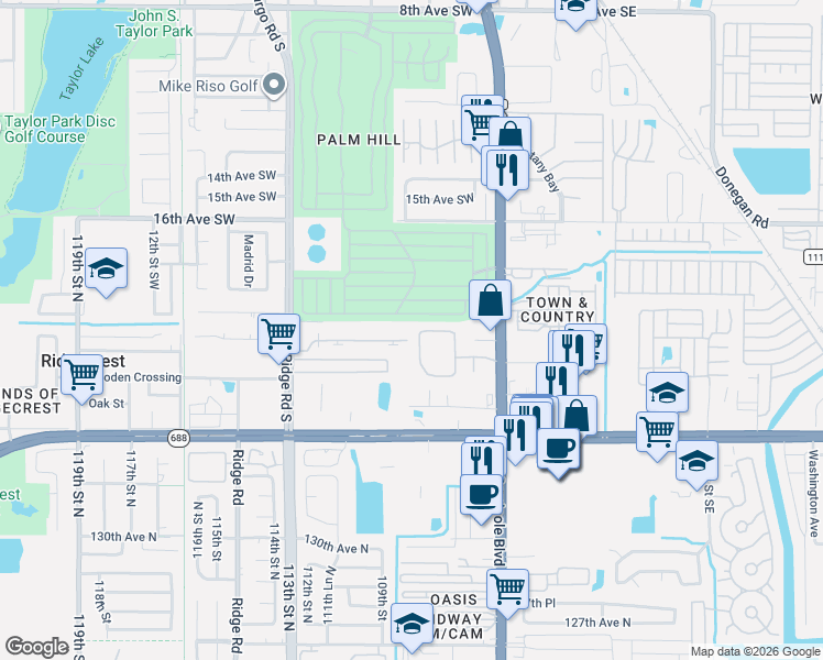 map of restaurants, bars, coffee shops, grocery stores, and more near 2131 Ridge Road South in Largo
