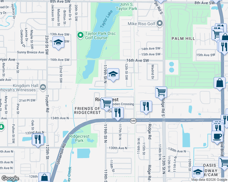 map of restaurants, bars, coffee shops, grocery stores, and more near 1570 Oak Village Drive in Largo