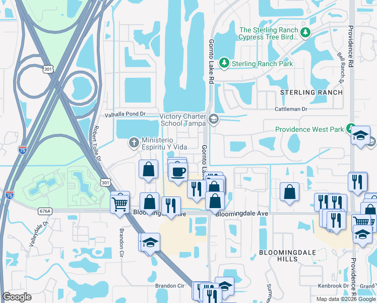 map of restaurants, bars, coffee shops, grocery stores, and more near 2109 Kings Palace Drive in Palm River-Clair Mel