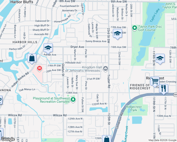 map of restaurants, bars, coffee shops, grocery stores, and more near 2702 20th Avenue Southwest in Largo