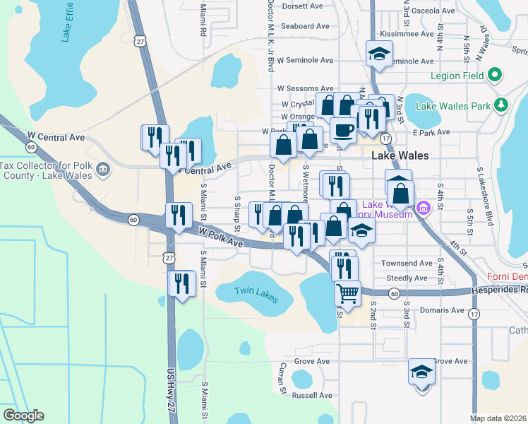 map of restaurants, bars, coffee shops, grocery stores, and more near 209 Weaver Avenue in Lake Wales