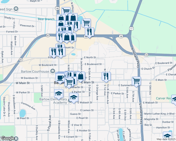 map of restaurants, bars, coffee shops, grocery stores, and more near 690 East Church Street in Bartow