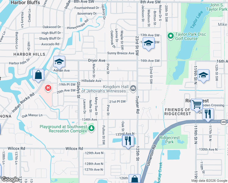 map of restaurants, bars, coffee shops, grocery stores, and more near 2702 20th Avenue Southwest in Largo