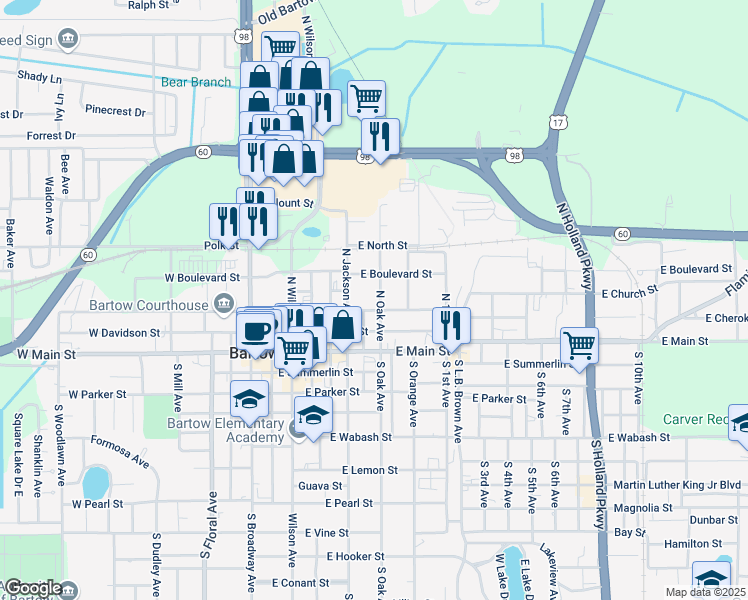 map of restaurants, bars, coffee shops, grocery stores, and more near 690 East Church Street in Bartow