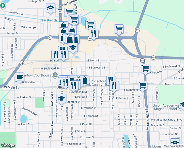 map of restaurants, bars, coffee shops, grocery stores, and more near 650 East Church Street in Bartow