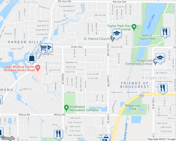 map of restaurants, bars, coffee shops, grocery stores, and more near 2702 20th Avenue Southwest in Largo