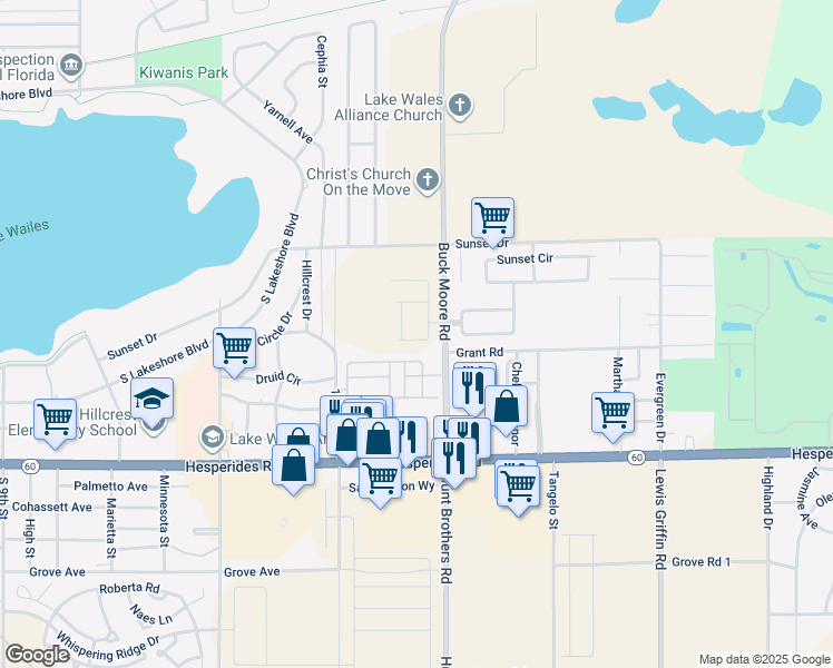 map of restaurants, bars, coffee shops, grocery stores, and more near 2300 Sunset Point Drive in Lake Wales