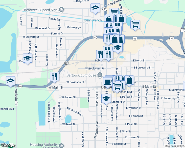 map of restaurants, bars, coffee shops, grocery stores, and more near 330 West Church Street in Bartow