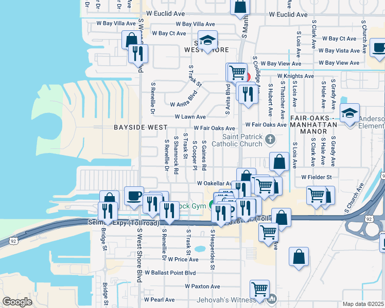 map of restaurants, bars, coffee shops, grocery stores, and more near 4519 South Cooper Place in Tampa