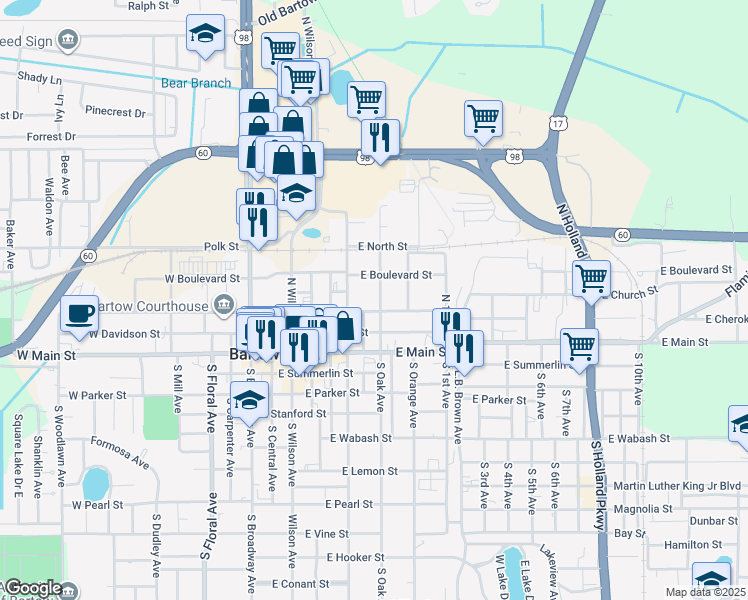 map of restaurants, bars, coffee shops, grocery stores, and more near 690 East Church Street in Bartow