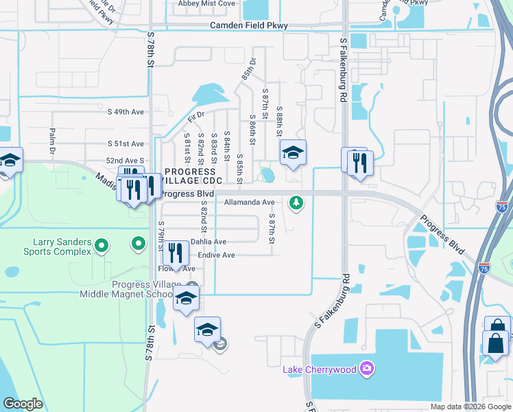 map of restaurants, bars, coffee shops, grocery stores, and more near 8323 Allamanda Avenue in Tampa