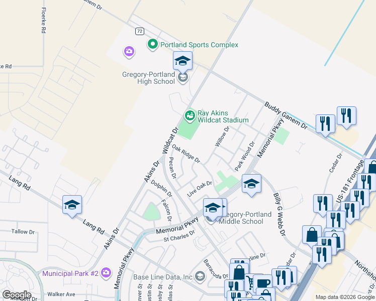 map of restaurants, bars, coffee shops, grocery stores, and more near 2014 Oak Ridge Drive in Portland
