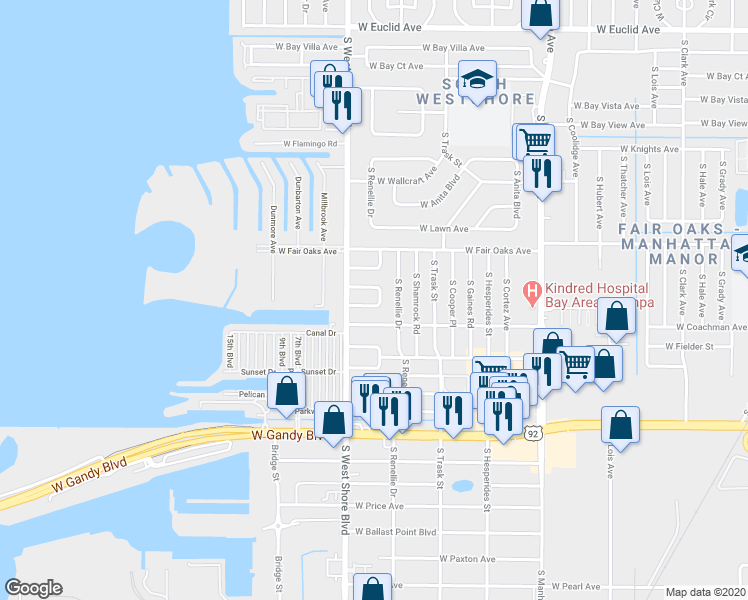 map of restaurants, bars, coffee shops, grocery stores, and more near 4711 West Beaumont Street in Tampa