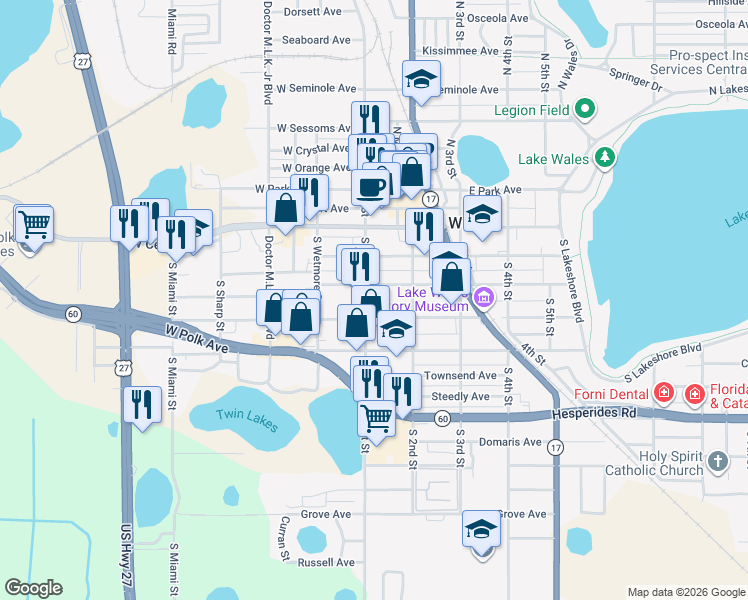 map of restaurants, bars, coffee shops, grocery stores, and more near 203 South 1st Street in Lake Wales