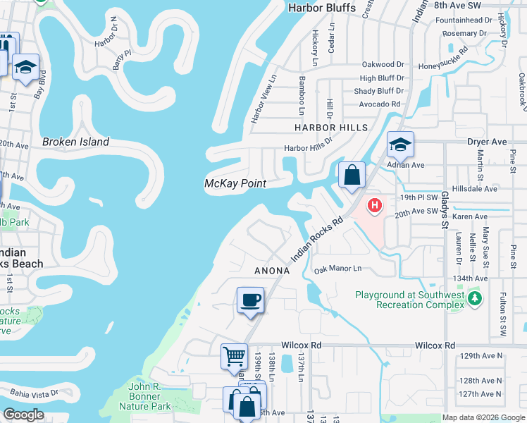 map of restaurants, bars, coffee shops, grocery stores, and more near 2268 Kings Point Drive in Largo