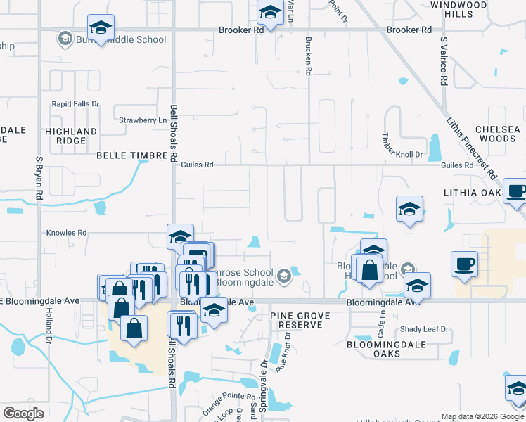 map of restaurants, bars, coffee shops, grocery stores, and more near 3018 Colonial Ridge Drive in Brandon