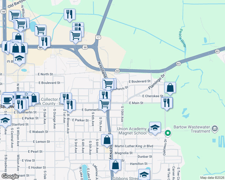map of restaurants, bars, coffee shops, grocery stores, and more near 1435 East Church Street in Bartow
