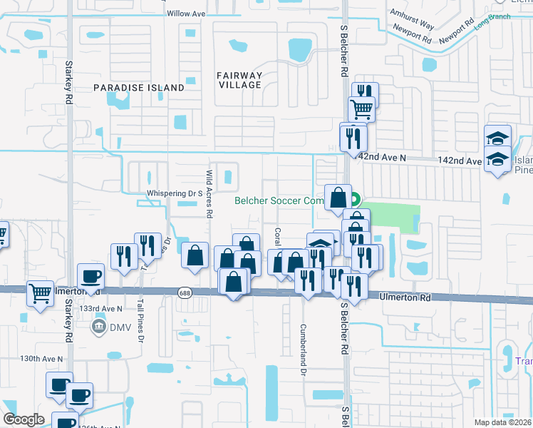map of restaurants, bars, coffee shops, grocery stores, and more near 3595 138th Avenue North in Largo