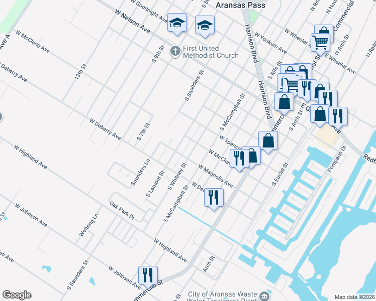 map of restaurants, bars, coffee shops, grocery stores, and more near 940 South Whitney Street in Aransas Pass