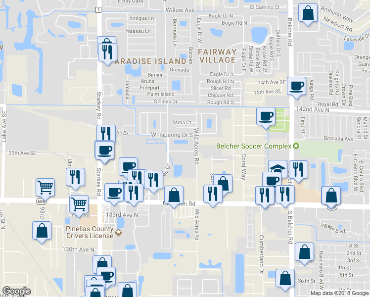 map of restaurants, bars, coffee shops, grocery stores, and more near 3141 138th Place North in Largo