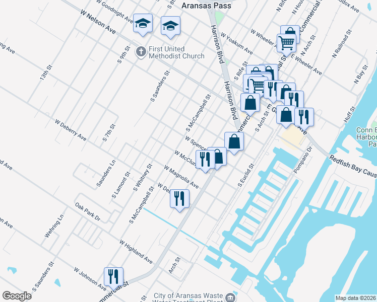 map of restaurants, bars, coffee shops, grocery stores, and more near 838 South Rife Street in Aransas Pass