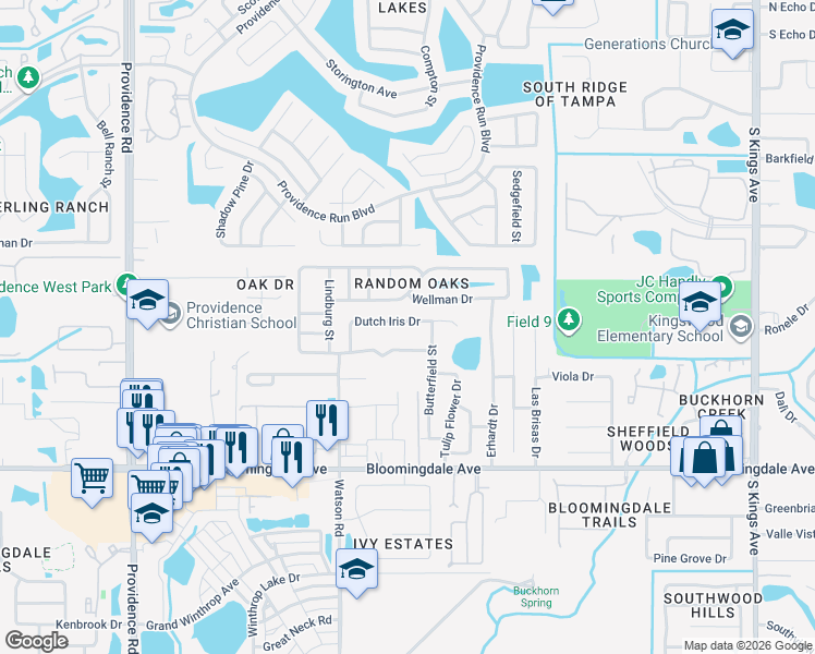 map of restaurants, bars, coffee shops, grocery stores, and more near 11445 Dutch Iris Drive in Riverview