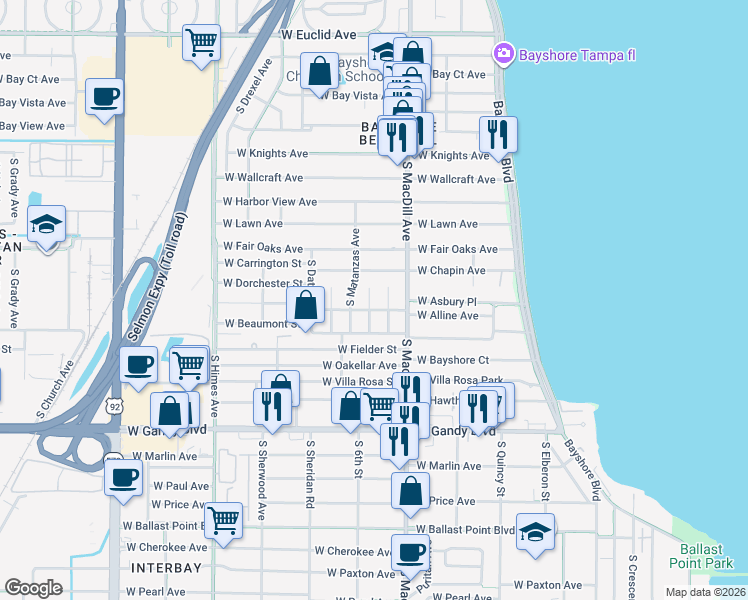 map of restaurants, bars, coffee shops, grocery stores, and more near 4606 South Esperanza Avenue in Tampa