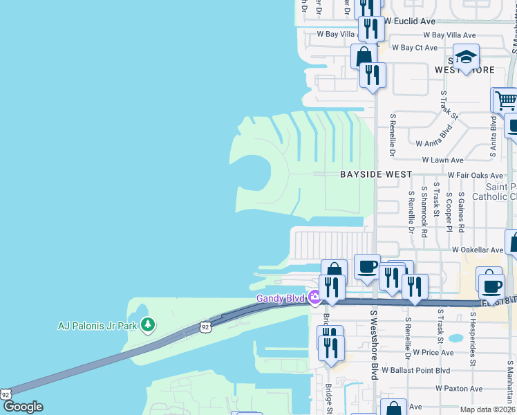 map of restaurants, bars, coffee shops, grocery stores, and more near 20-48 15th Boulevard in Tampa