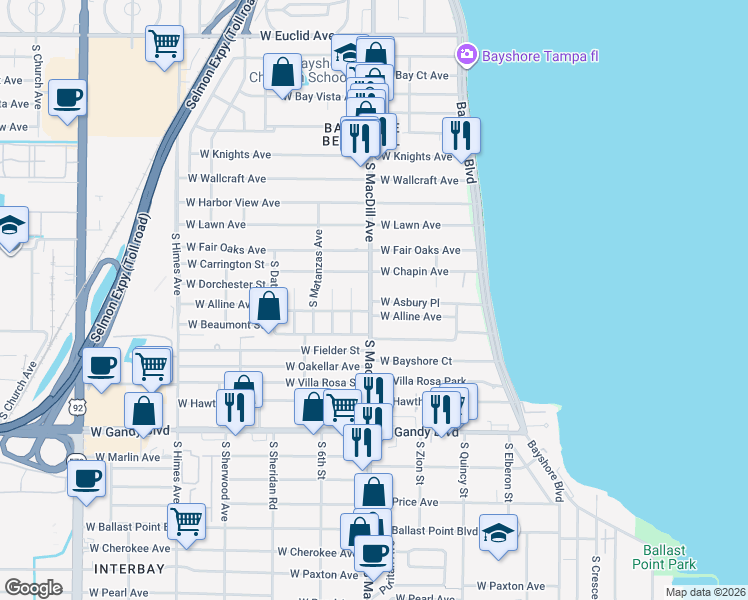 map of restaurants, bars, coffee shops, grocery stores, and more near 3037 West Asbury Place in Tampa