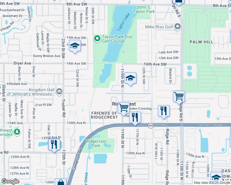 map of restaurants, bars, coffee shops, grocery stores, and more near 1688 Taylor Lake Circle in Largo