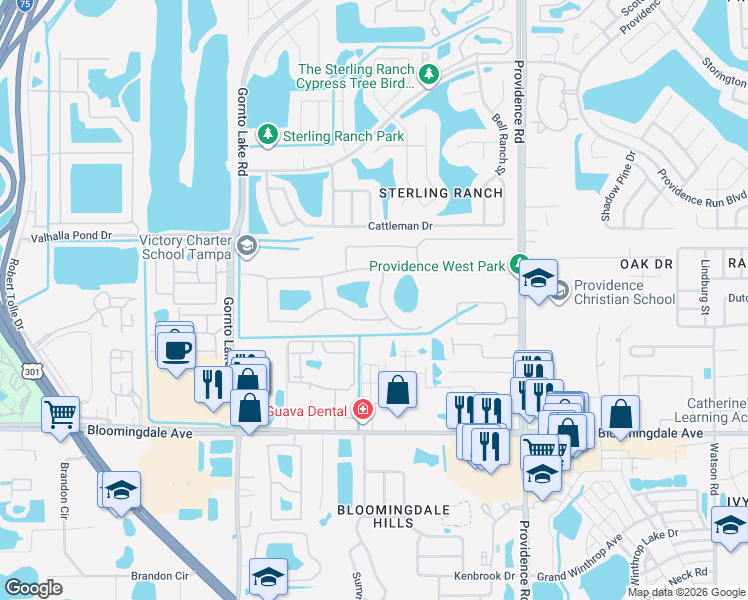 map of restaurants, bars, coffee shops, grocery stores, and more near 5412 Camberwell Lane in Riverview