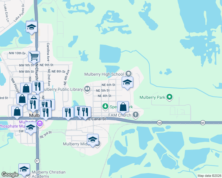 map of restaurants, bars, coffee shops, grocery stores, and more near 1206 Northeast 5th Street in Mulberry