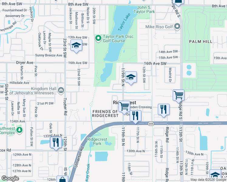 map of restaurants, bars, coffee shops, grocery stores, and more near 1710 Taylor Lake Circle in Largo