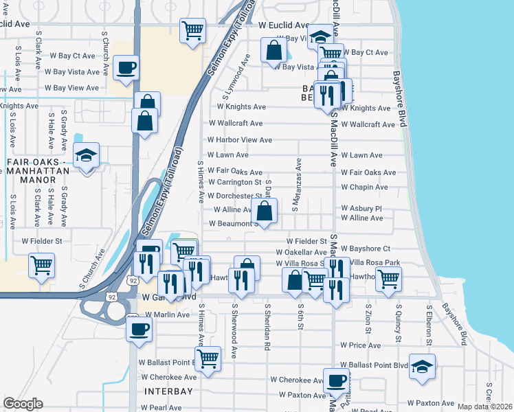 map of restaurants, bars, coffee shops, grocery stores, and more near 3305 West Alline Avenue in Tampa