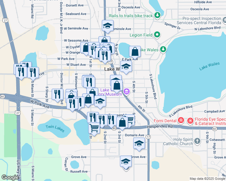 map of restaurants, bars, coffee shops, grocery stores, and more near 218 East Johnson Avenue in Lake Wales