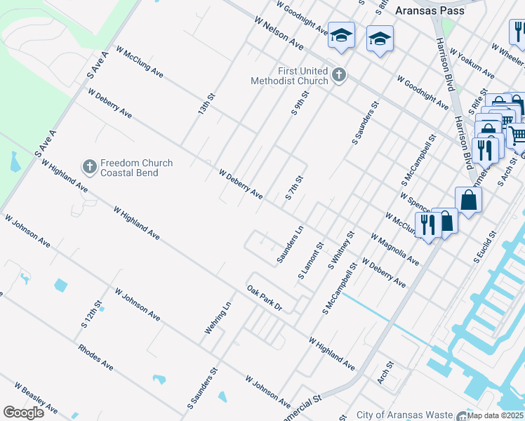 map of restaurants, bars, coffee shops, grocery stores, and more near 1131 South 8th Street in Aransas Pass