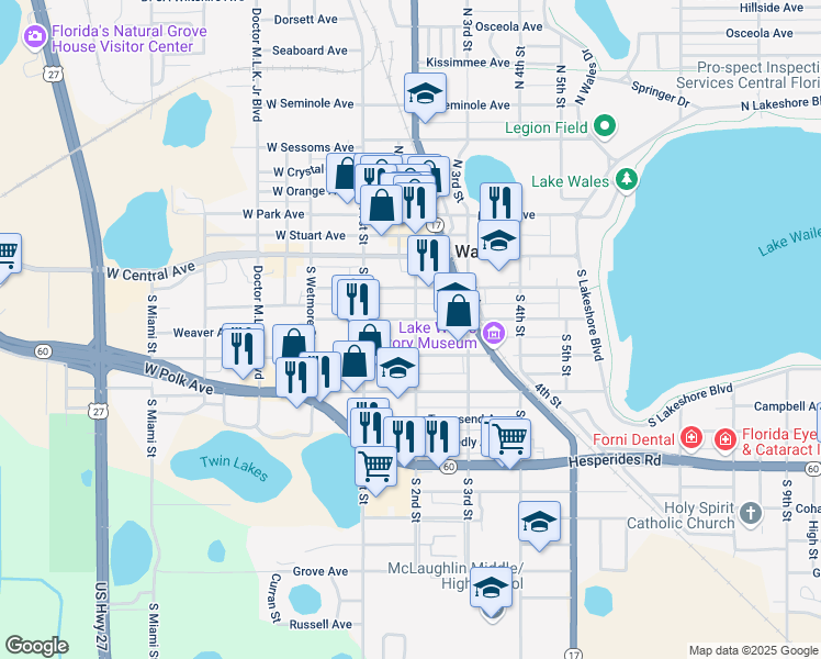 map of restaurants, bars, coffee shops, grocery stores, and more near 144 East Johnson Avenue in Lake Wales