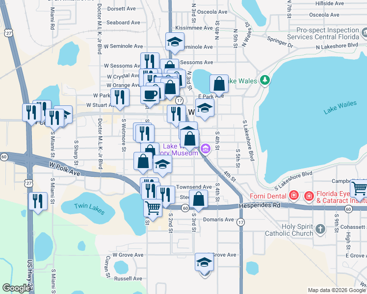 map of restaurants, bars, coffee shops, grocery stores, and more near 218 East Johnson Avenue in Lake Wales