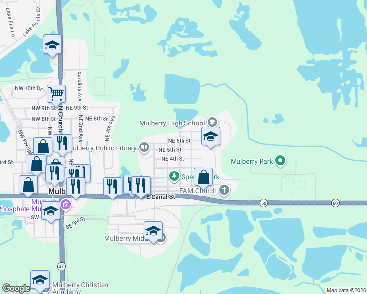 map of restaurants, bars, coffee shops, grocery stores, and more near 1206 Northeast 5th Street in Mulberry