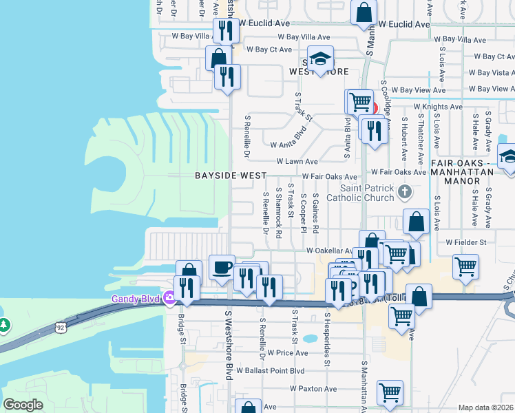 map of restaurants, bars, coffee shops, grocery stores, and more near 4711 West Beaumont Street in Tampa