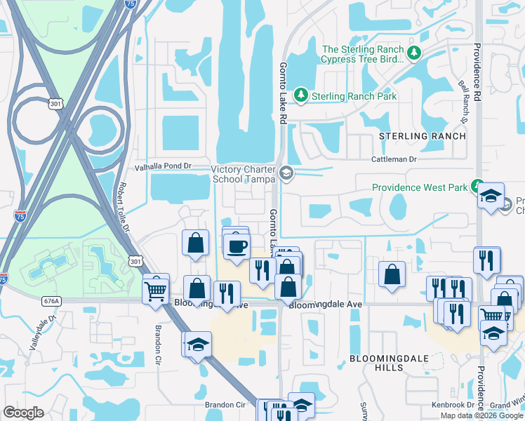 map of restaurants, bars, coffee shops, grocery stores, and more near 2109 Kings Palace Drive in Palm River-Clair Mel