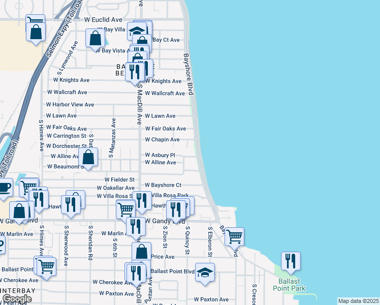 map of restaurants, bars, coffee shops, grocery stores, and more near 4609 Bayshore Boulevard in Tampa