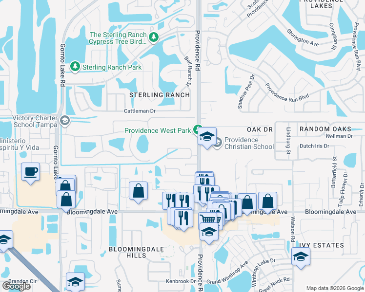 map of restaurants, bars, coffee shops, grocery stores, and more near 10824 Whitland Grove Drive in Riverview