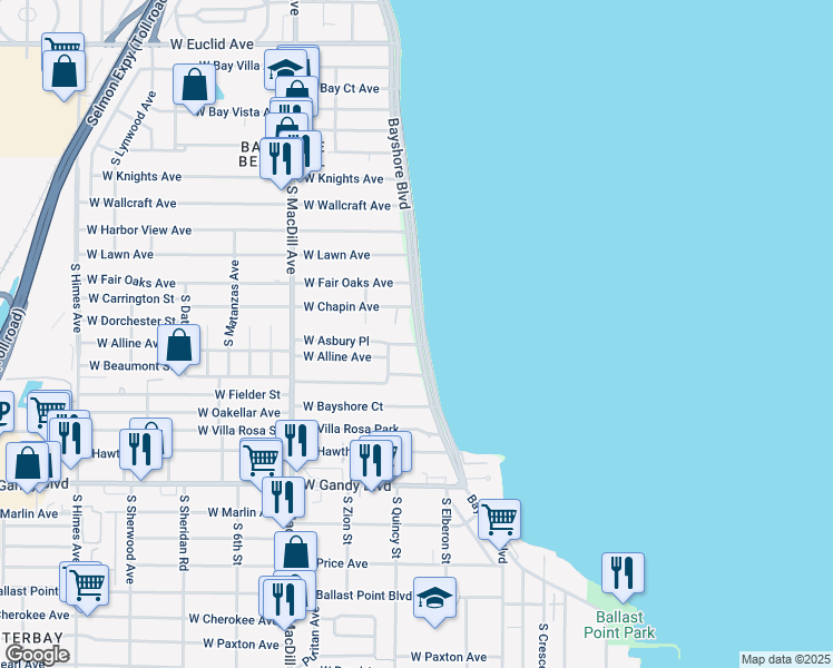 map of restaurants, bars, coffee shops, grocery stores, and more near 4607 Bayshore Boulevard in Tampa