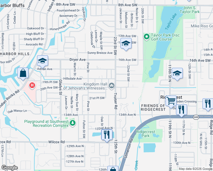 map of restaurants, bars, coffee shops, grocery stores, and more near 2524 20th Avenue Southwest in Largo